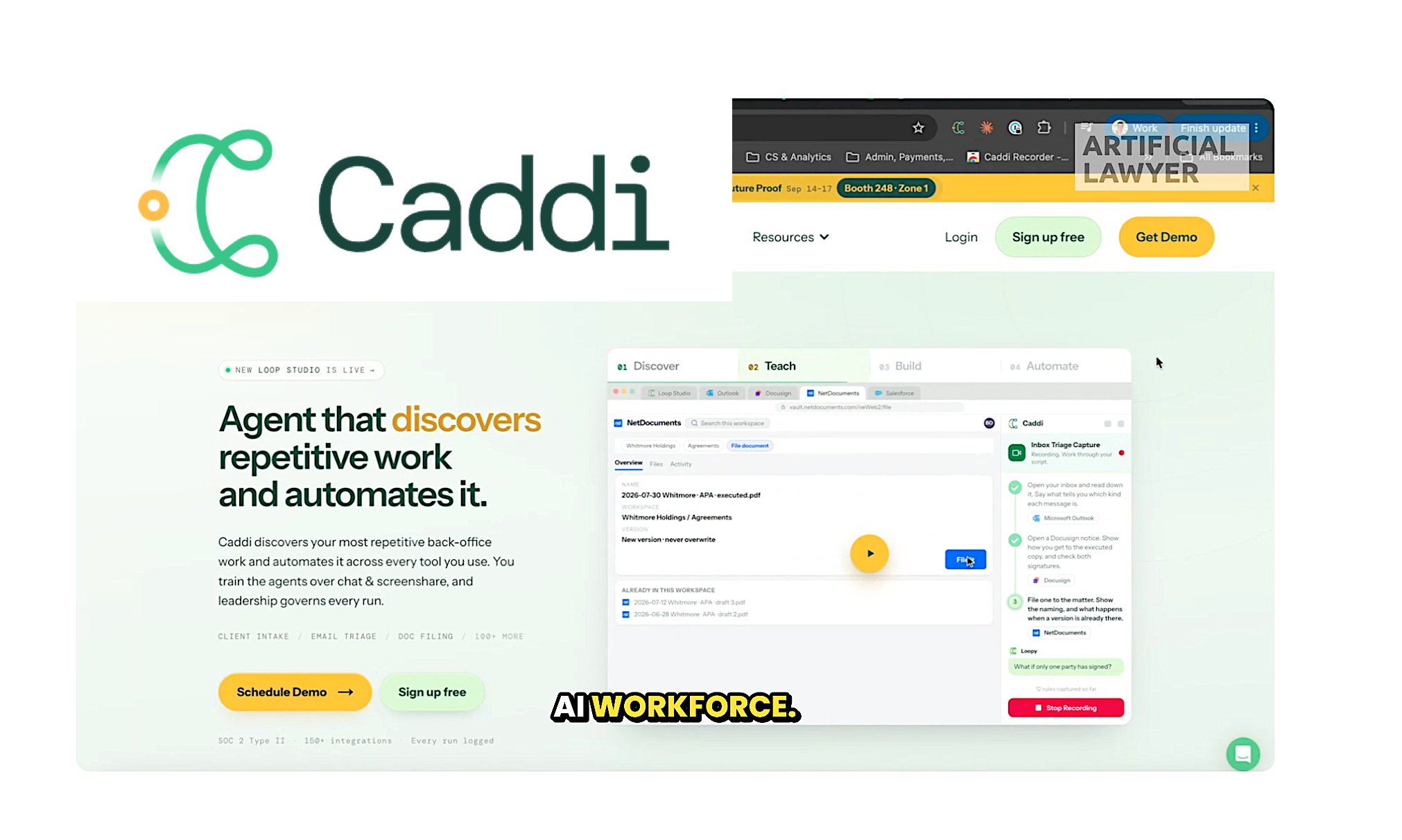Artificial Lawyer's frame for the Caddi walkthrough: the Caddi logo beside the trycaddi.com home page, with the Loop Studio recorder open on a NetDocuments filing step.